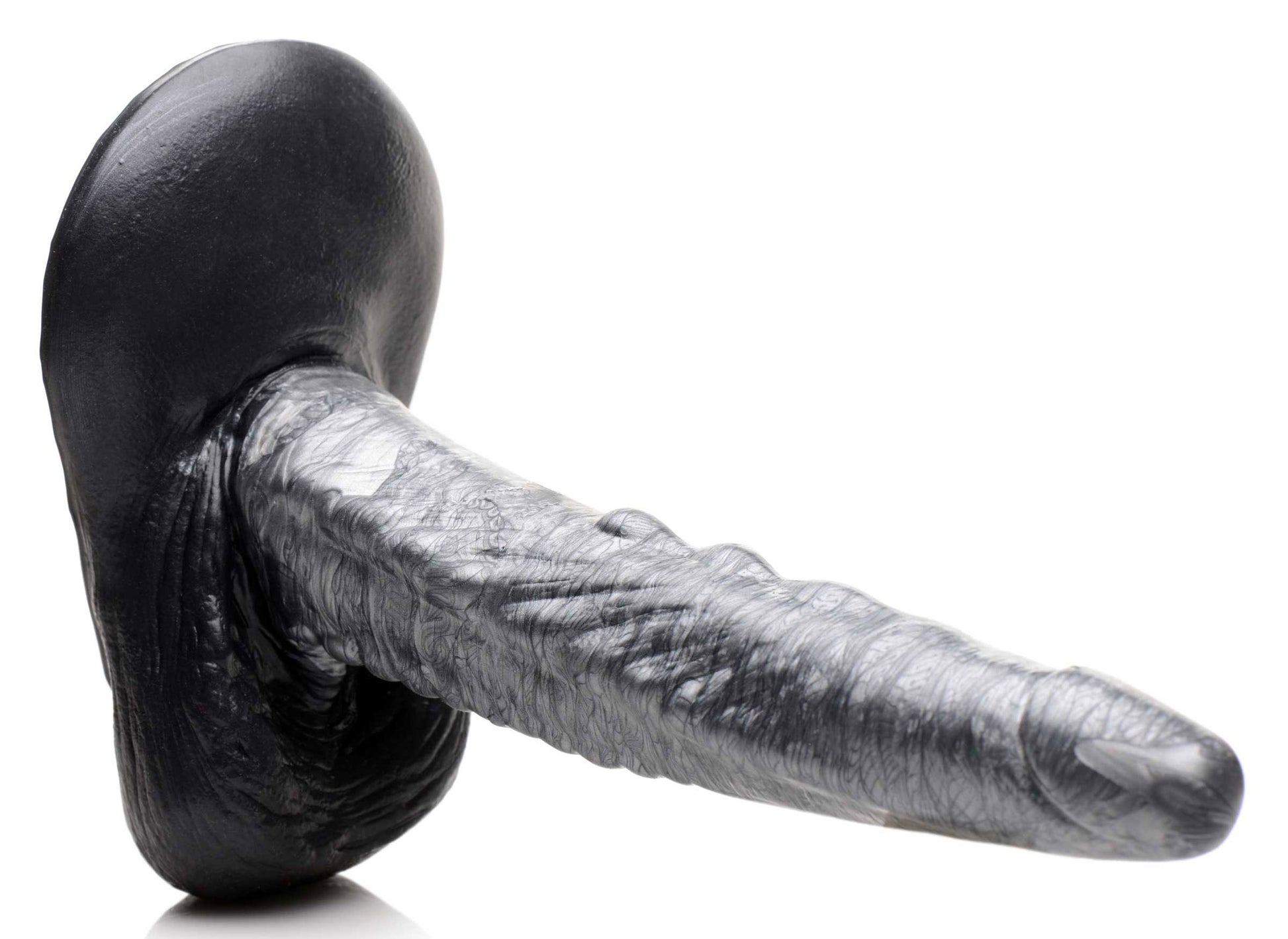 XR Brands Gargoyle Rock Hard Silicone Dildo - Textured Shaft with Suction Cup Base - Silver