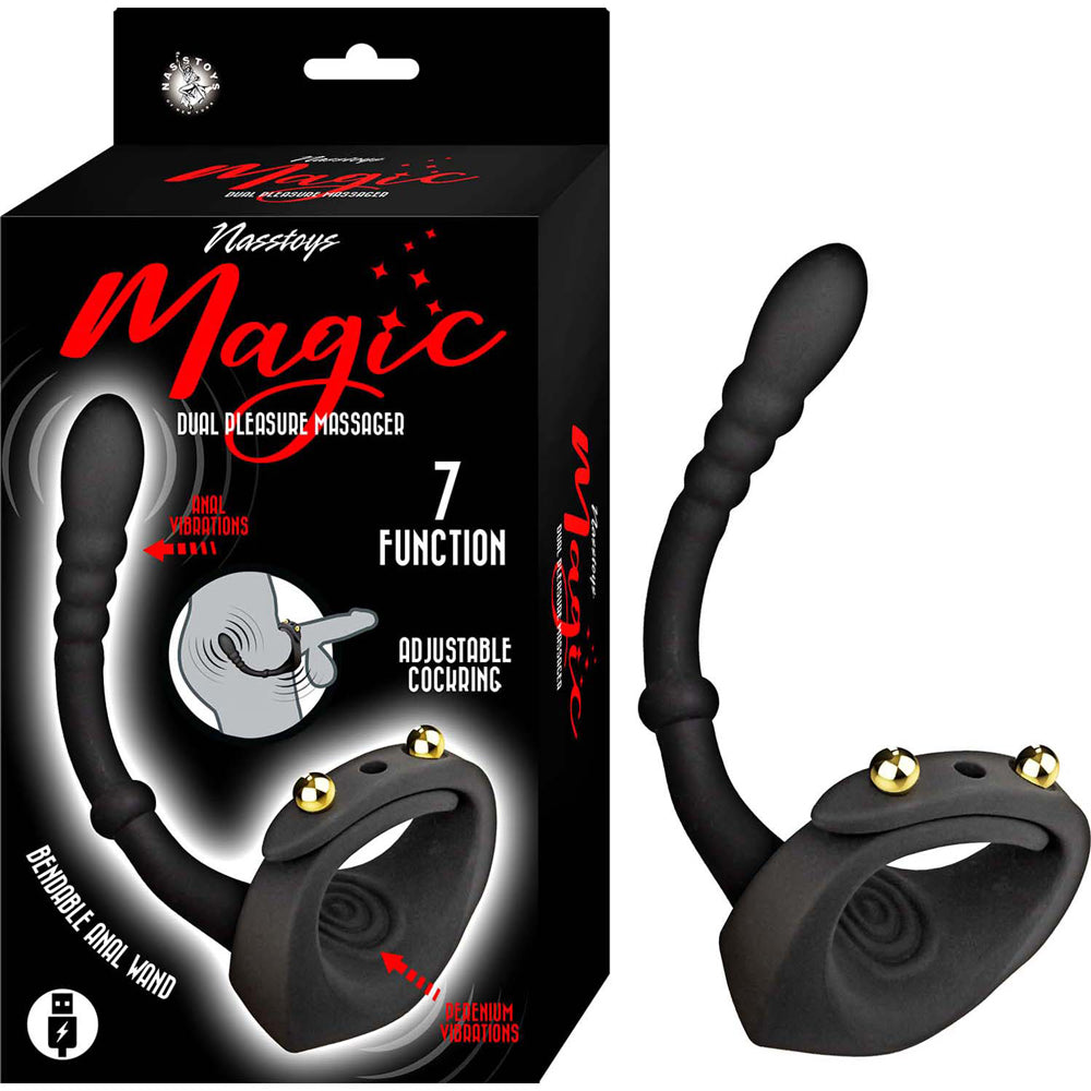 Nasstoys Magic Dual USB-Rechargeable Vibrating Cock Ring with Anal Plug, Body-Safe Silicone – Black