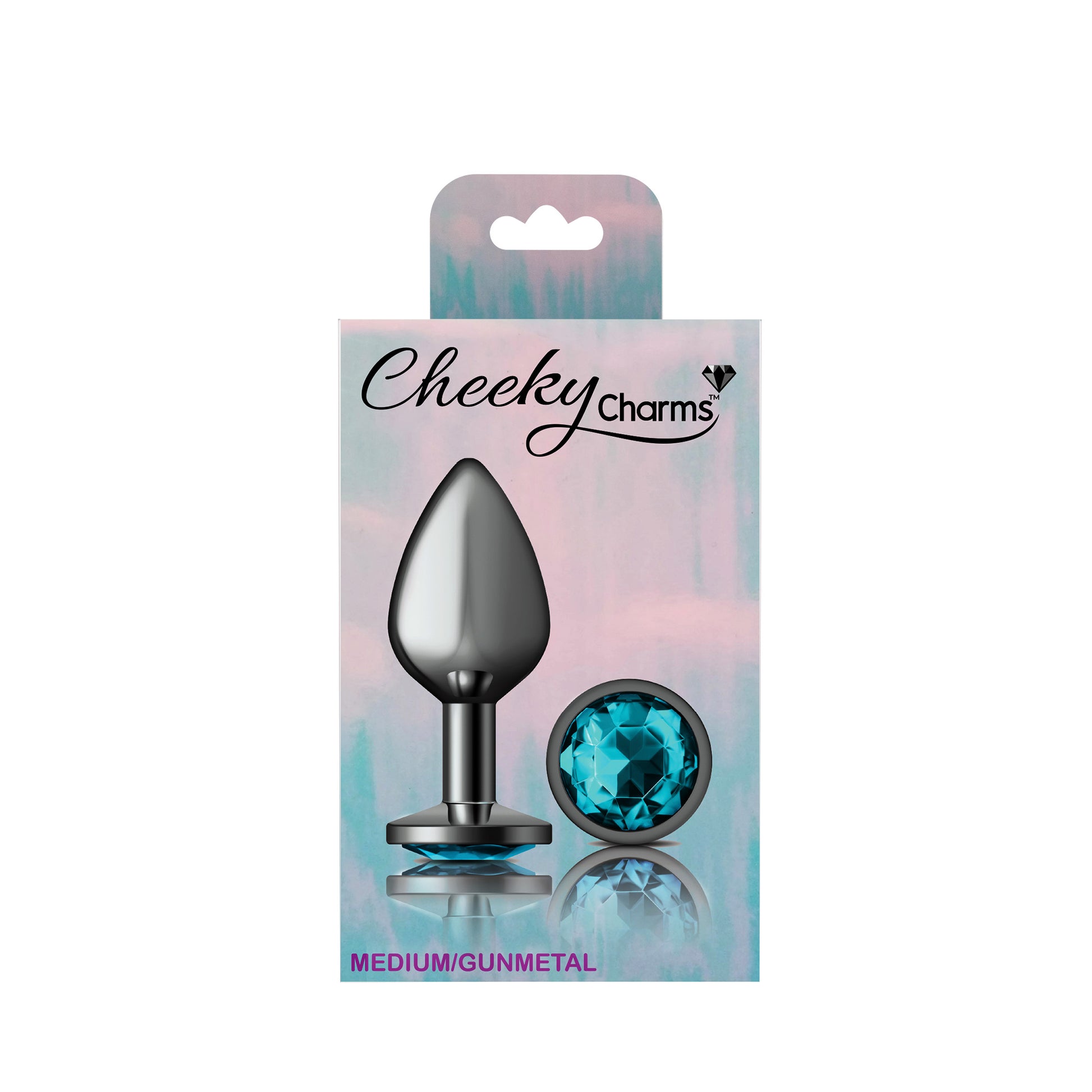 Cheeky Charms Teal Round Gem Gunmetal Metal Anal Plug - Medium
