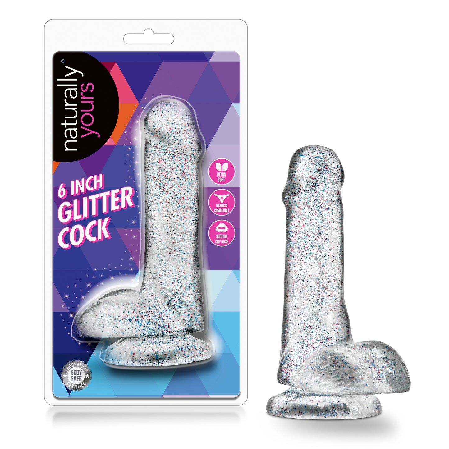 Blush Naturally Yours 6 Inch Glitter Dong - Flexible Suction Cup Toy - Sparkling Clear