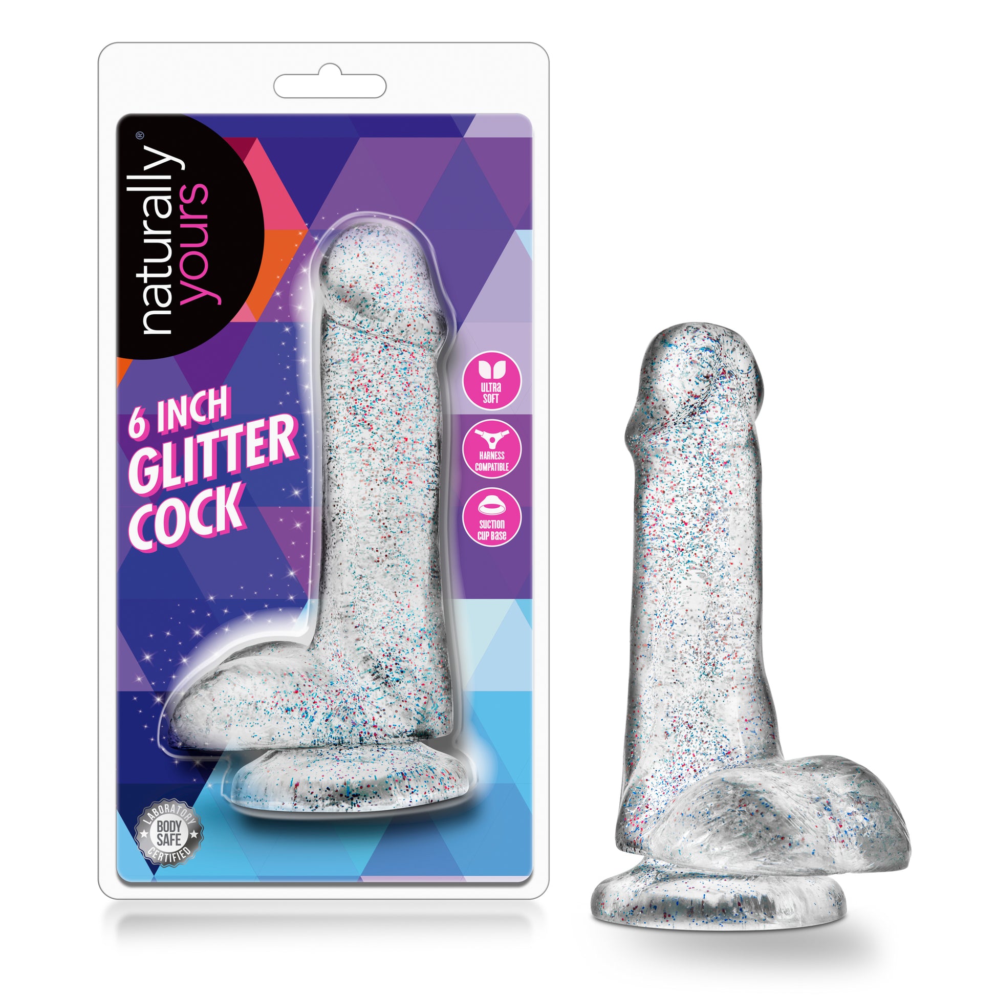 Blush Naturally Yours 6 Inch Glitter Dong - Flexible Suction Cup Toy - Sparkling Clear
