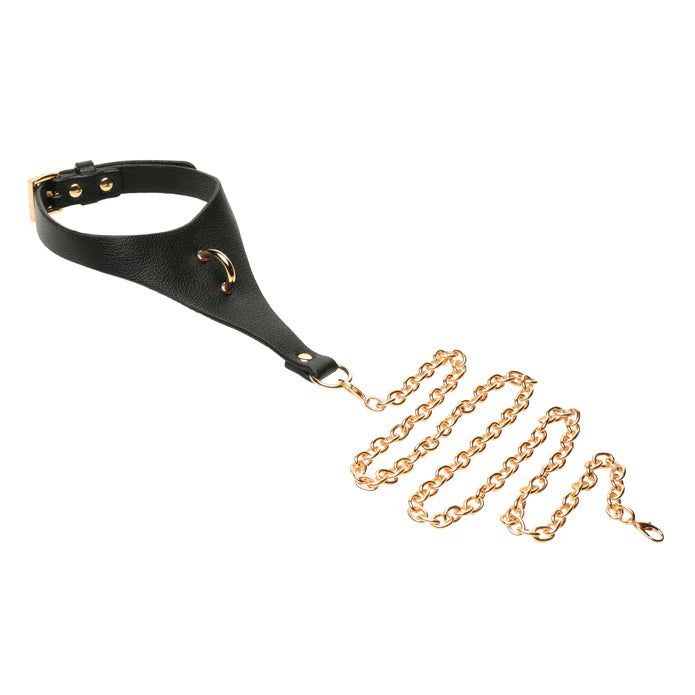XR Brands Captivate Collar with Body Chain - Black - Adjustable Vegan-Leather Bondage Collar