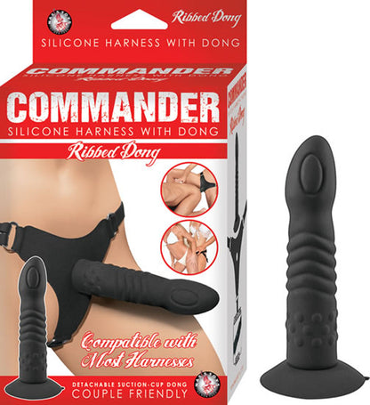 Nasstoys Commander Ribbed Dong with Harness - Black - Waterproof and Suction Cup