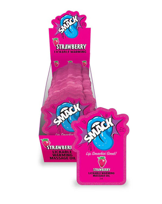 Little Genie SMACK Warming Lickable Massage Oil - Strawberry Flavor, 3ml Pouch Display