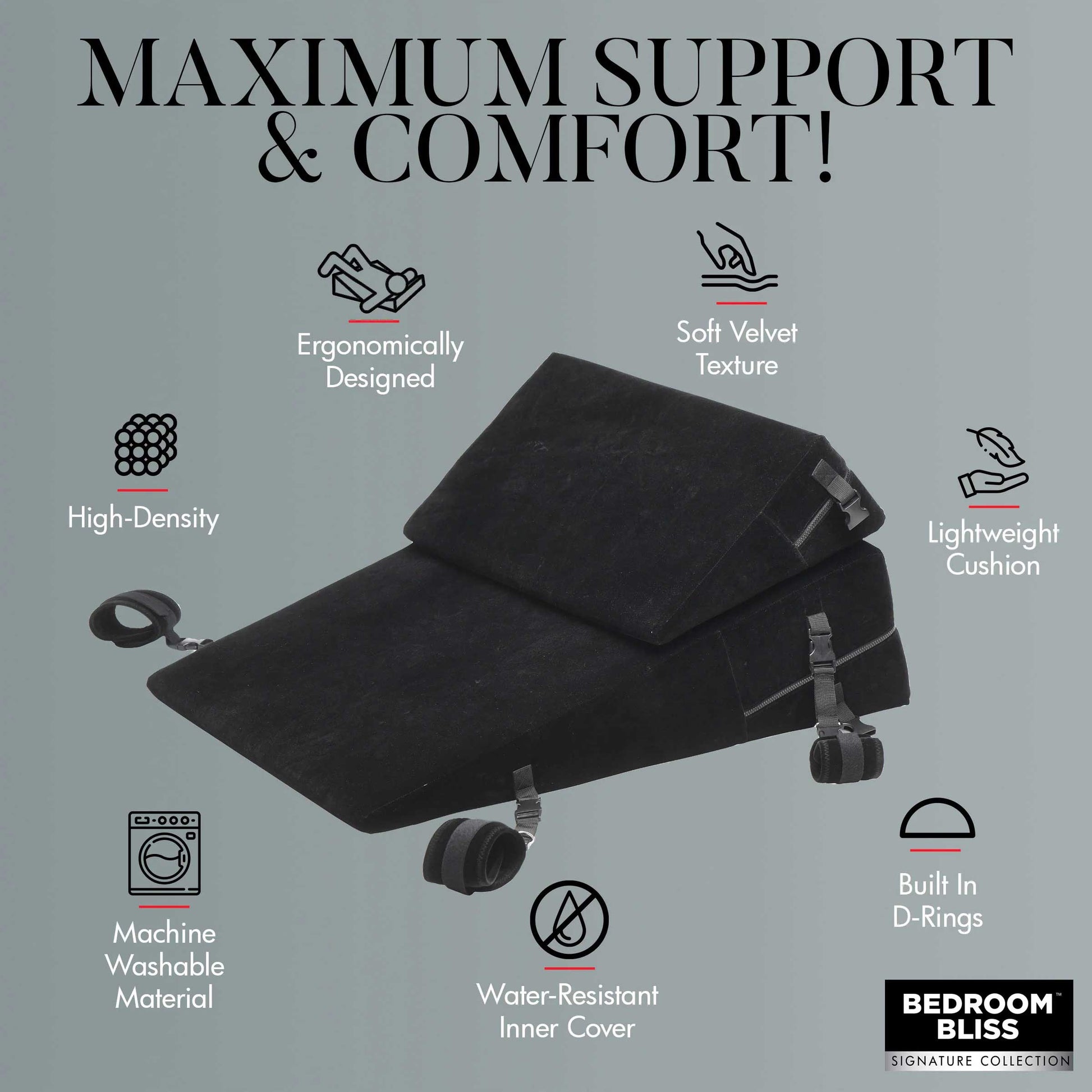 XR Brands Bondage Cushion Set - Foam Wedge Pillows with Restraint Clips - Black
