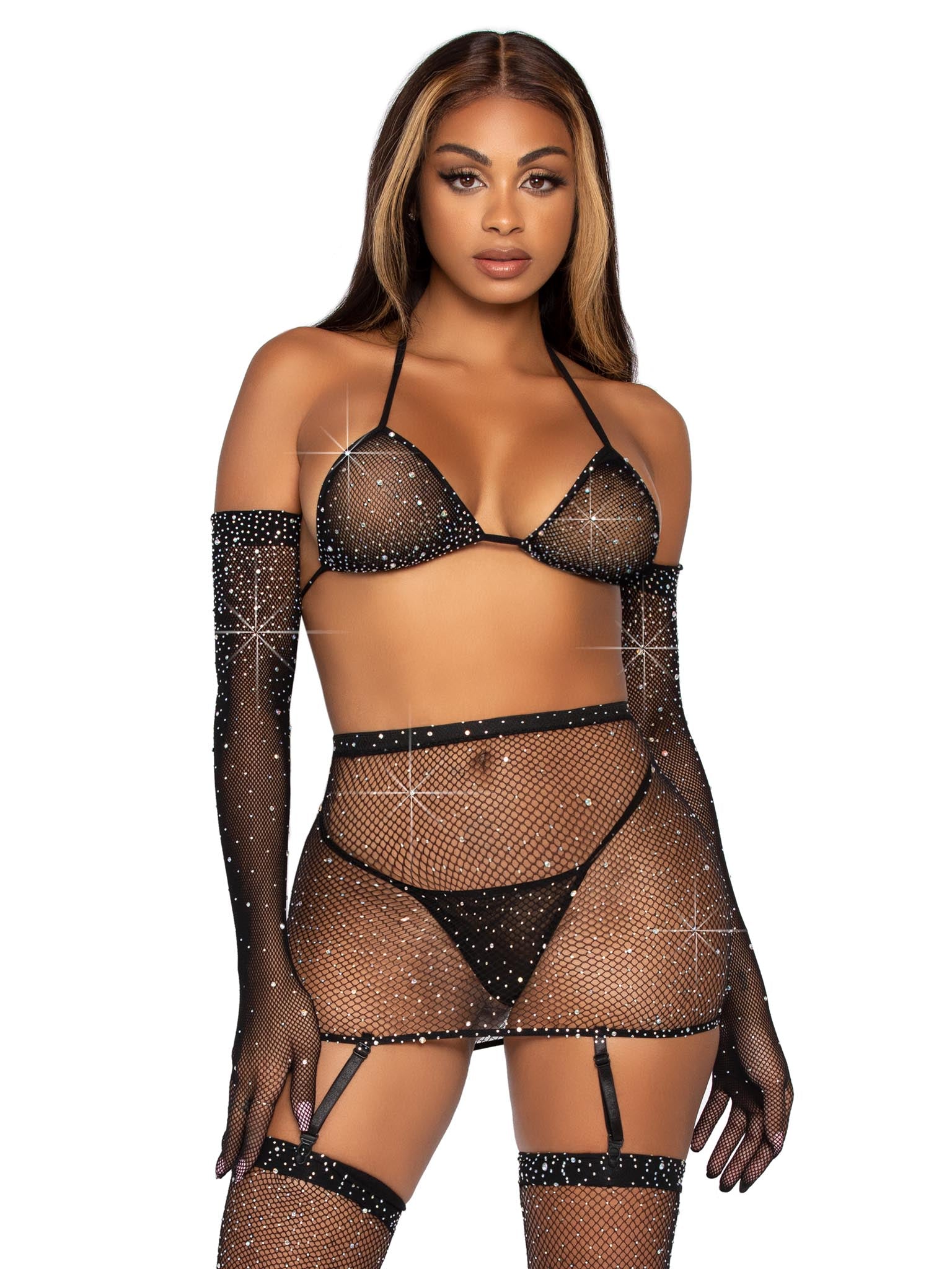 Leg Avenue Rhinestone Fishnet Lingerie Set – Black – 5 Pieces