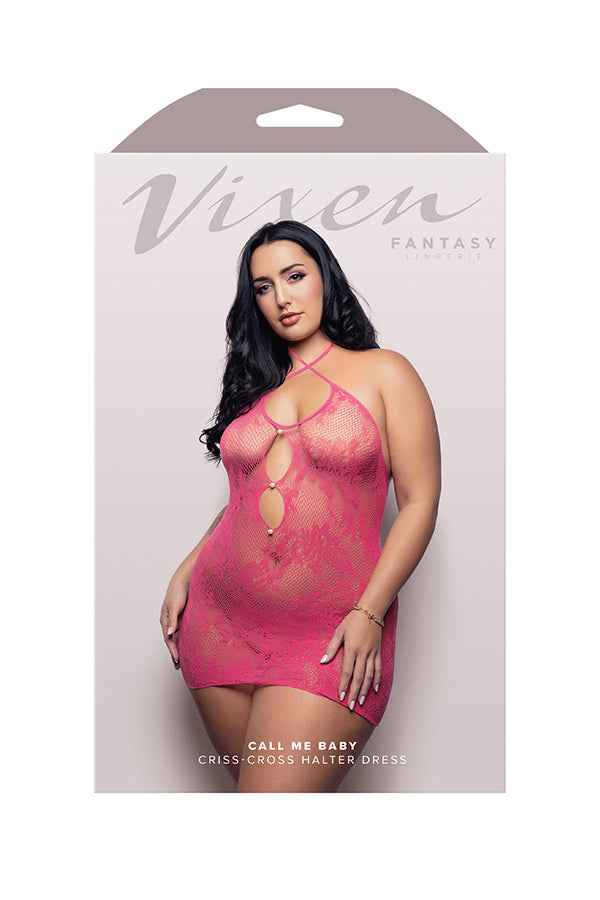 Fantasy Lingerie Call Me Baby Criss-Cross Halter Dress - Hot Pink - Curvy Size