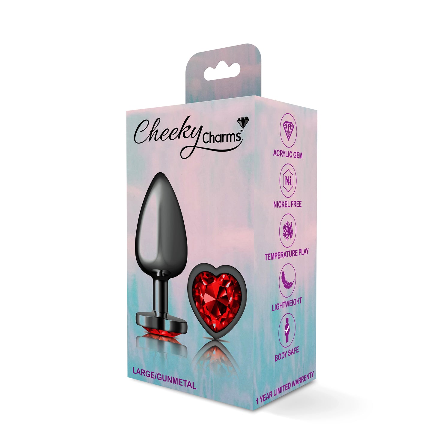 Cheeky Charms Large Gunmetal Metal Anal Plug with Deep Red Heart Gemstone
