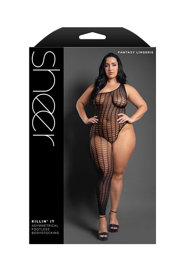 Fantasy Lingerie Killin It Asymmetrical Footless Bodystocking – Black – Curvy Size