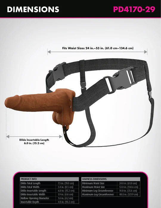 Pipedream Fantasy X-Tensions Elite 6" Vibrating Hollow Silicone Strap-On - Brown