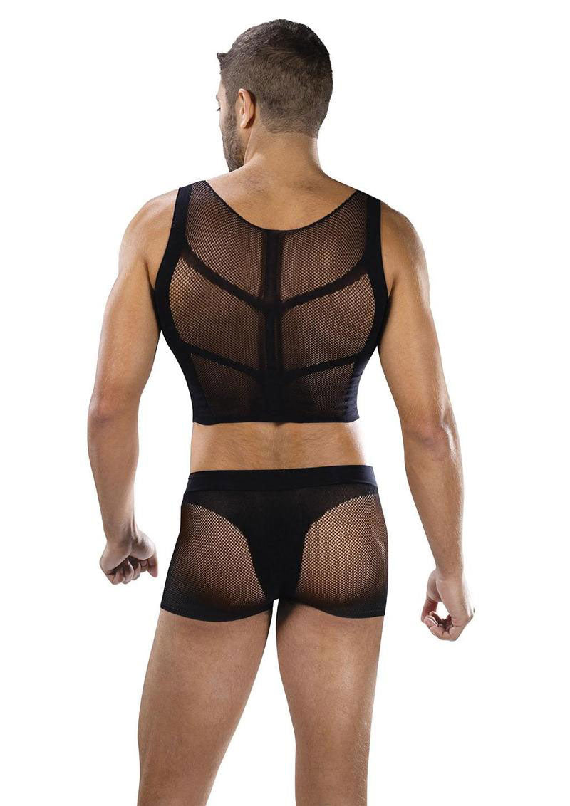 Envy Menswear Armor 2 Piece Set - Sheer Mesh Crop Top and Shorts - Black