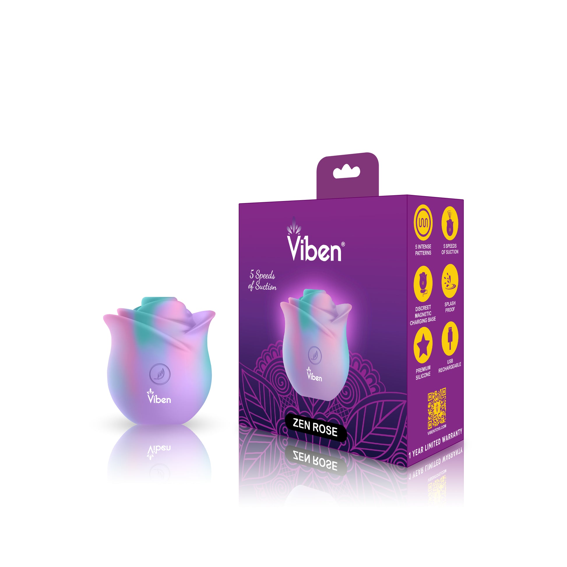 Viben Zen Rose Nipple and Clitoral Stimulator – Multi-Function, 5 Speeds, Waterproof, Unicorn Color