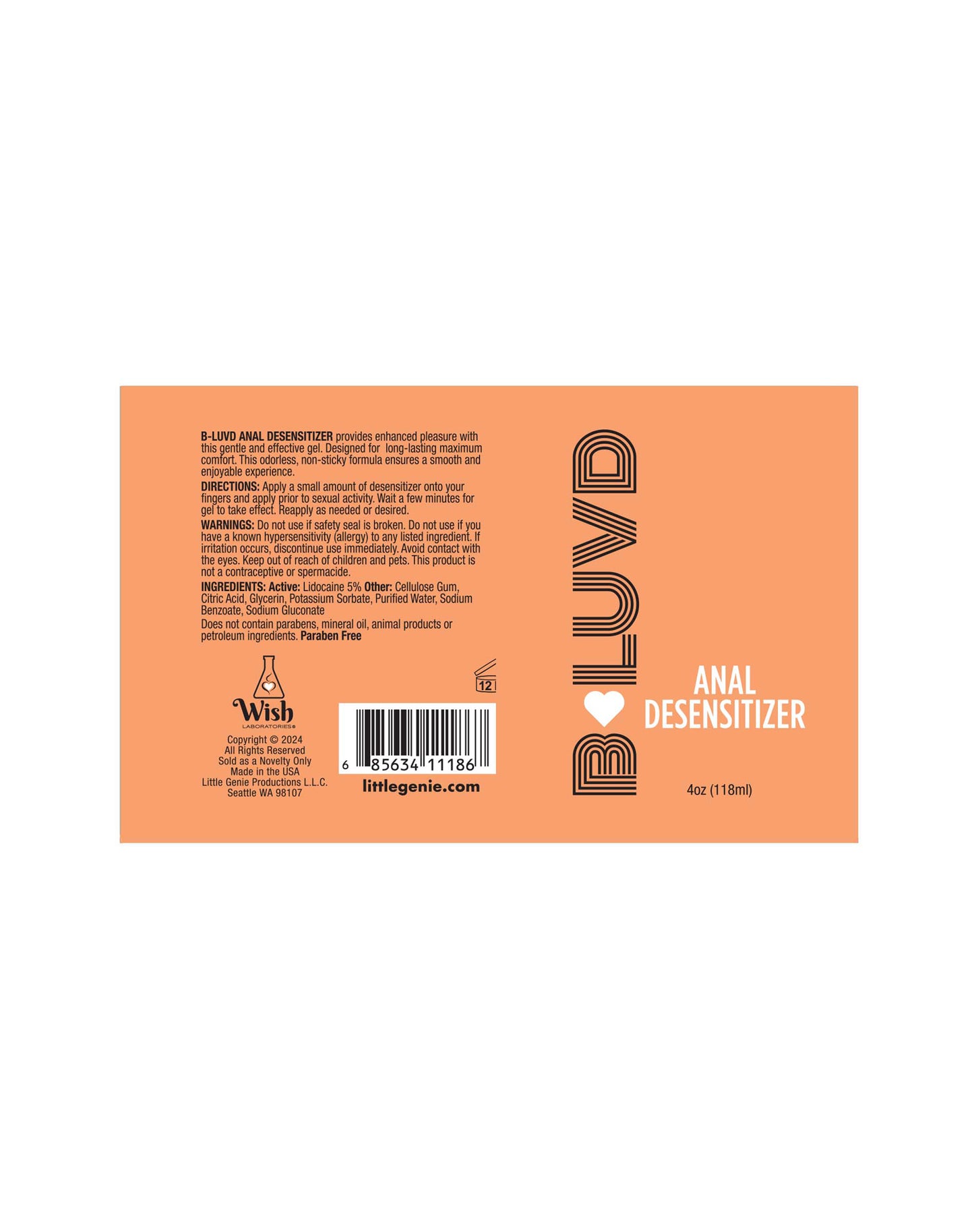 B-Luvd Anal Desensitizing Lubricant 4oz – Water-Based Gel for Enhanced Comfort