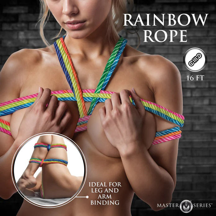 XR Brands Rainbow Rope - 16ft Bondage Rope - Twisted Coreless Design - Vibrant Rainbow Color