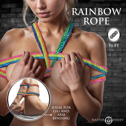 XR Brands Rainbow Rope - 16ft Bondage Rope - Twisted Coreless Design - Vibrant Rainbow Color