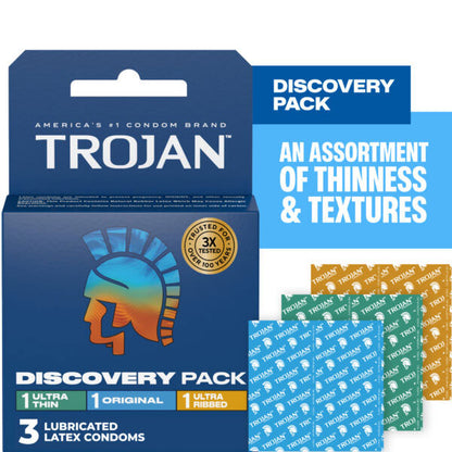 Trojan Discovery Pack – Condom Variety Pack with Original, Ultra Thin, and Ultra Ribbed – 3 Count