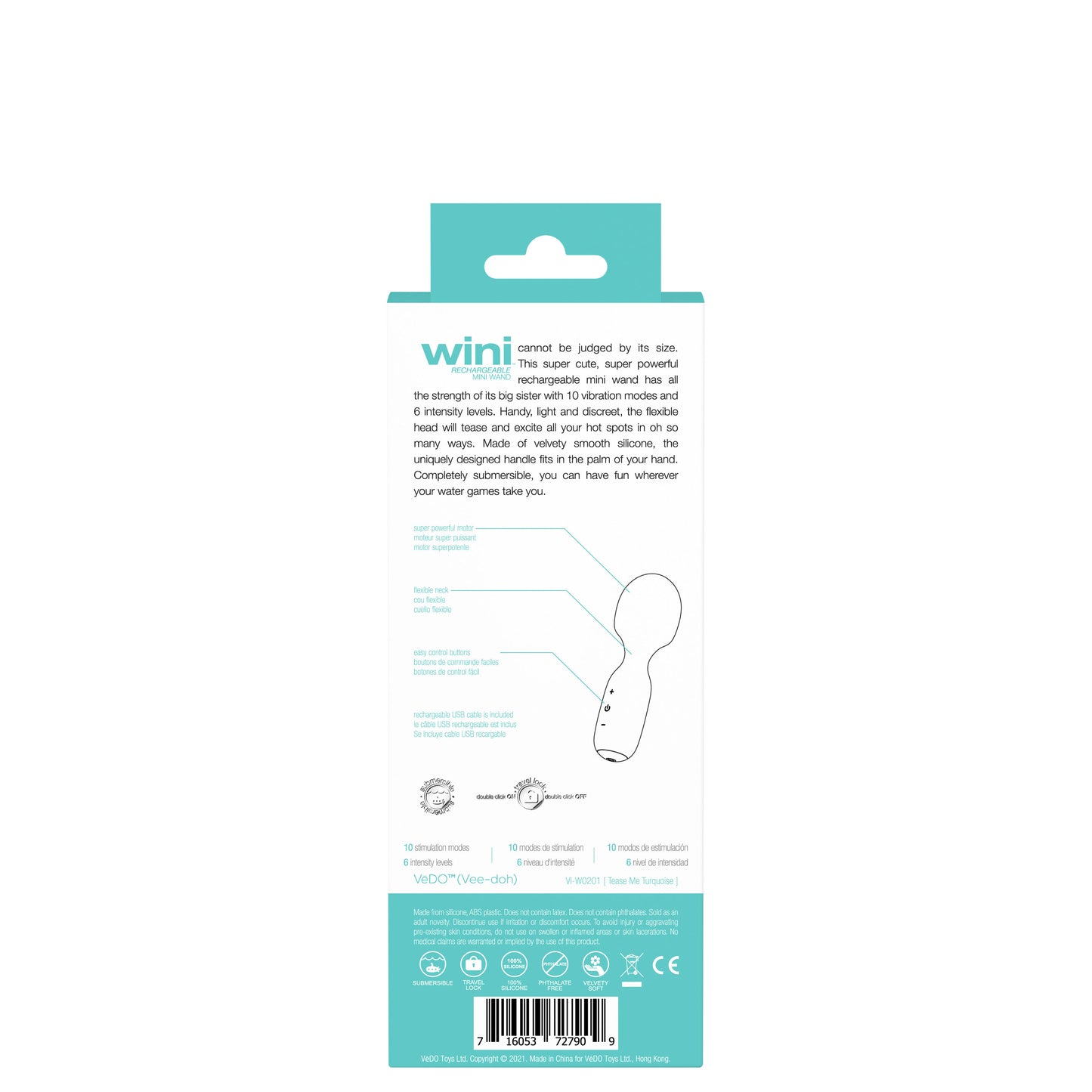 VeDO Wini Rechargeable Mini Wand - Turquoise - 10 Vibration Modes
