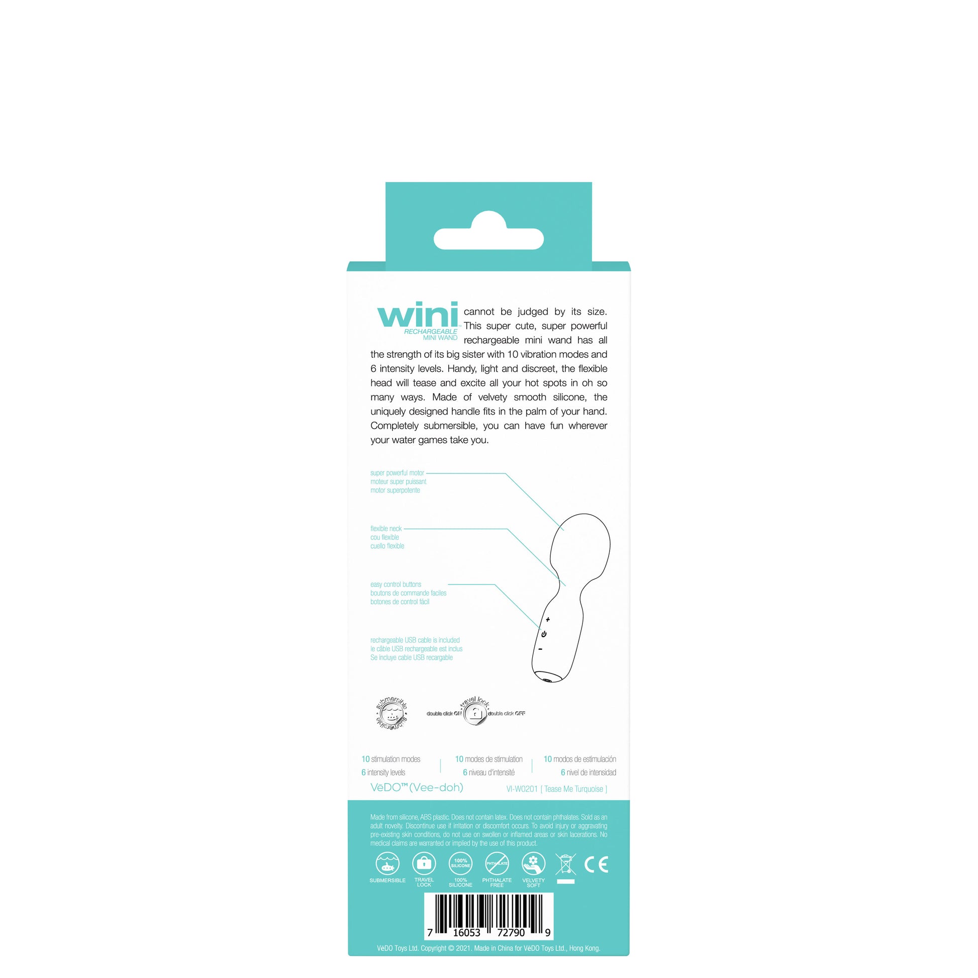 VeDO Wini Rechargeable Mini Wand - Turquoise - 10 Vibration Modes