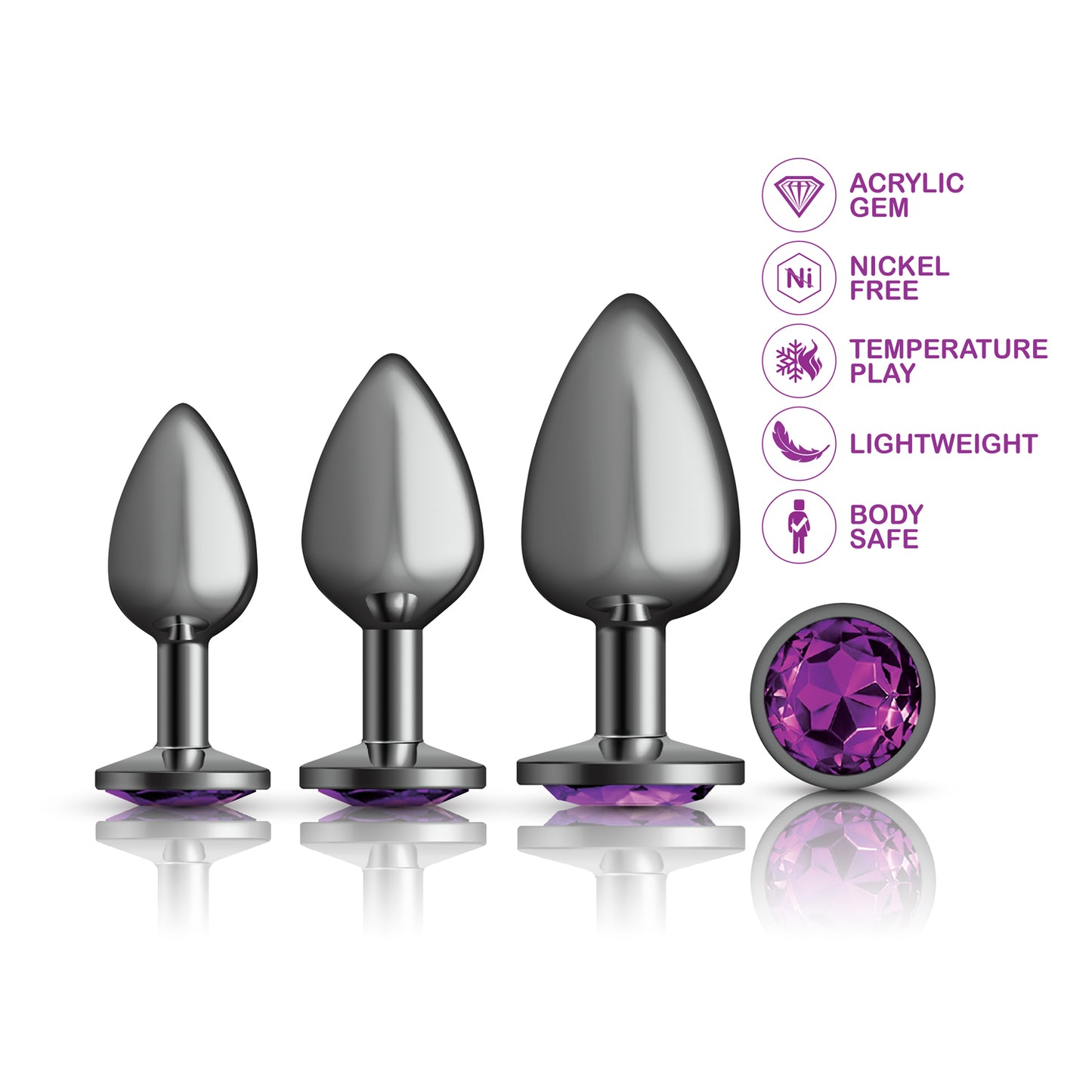 Purple Round Gem Anal Trainer Kit – Gunmetal – Tapered Anal Plugs