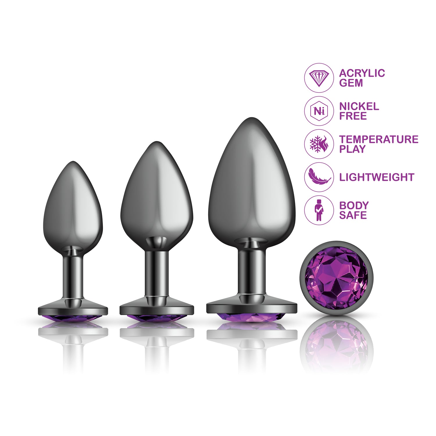 Purple Round Gem Anal Trainer Kit – Gunmetal – Tapered Anal Plugs