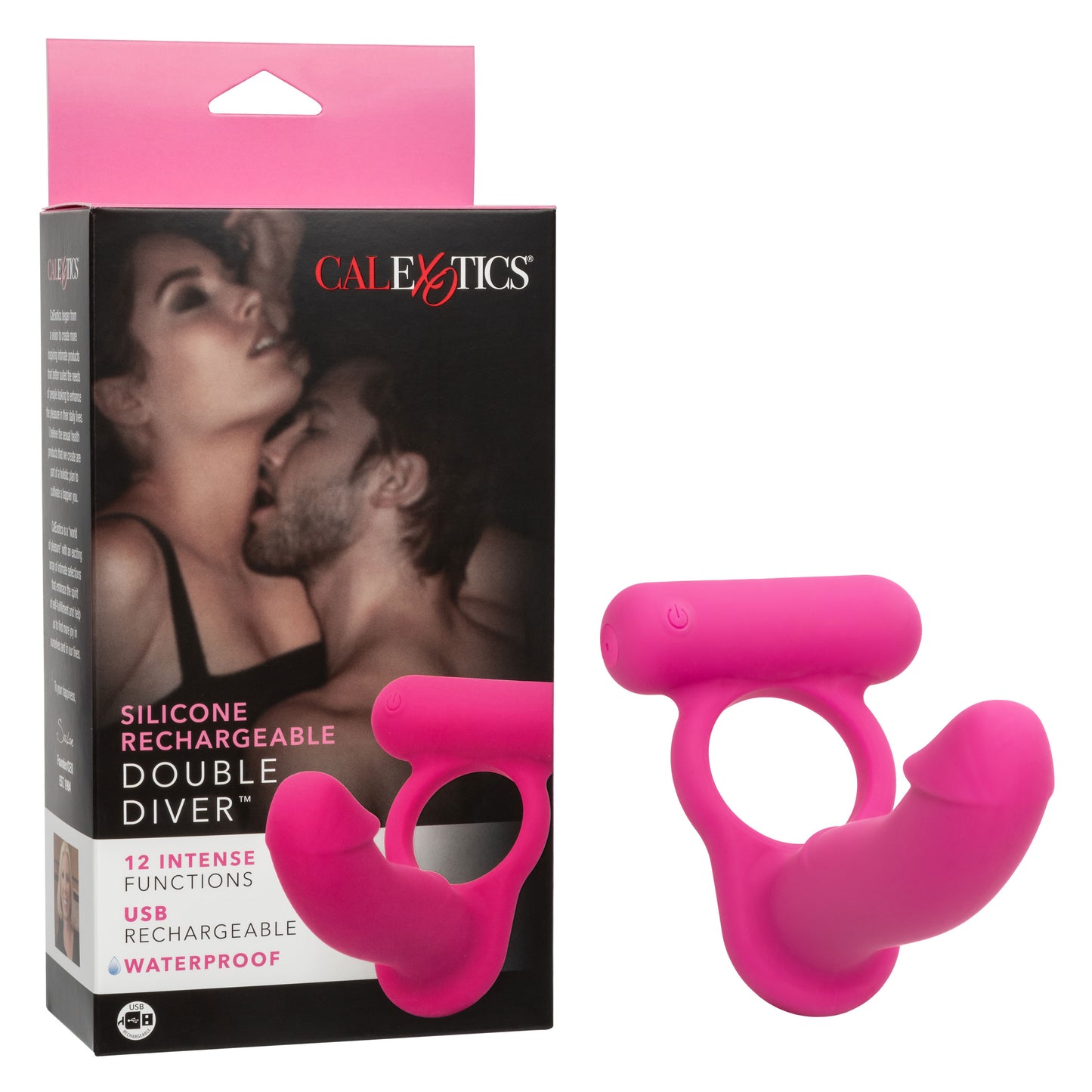 CalExotics Silicone Rechargeable Double Diver - Pink - Multi-Function Vibrating Cock Ring