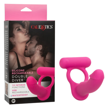 CalExotics Silicone Rechargeable Double Diver - Pink - Multi-Function Vibrating Cock Ring