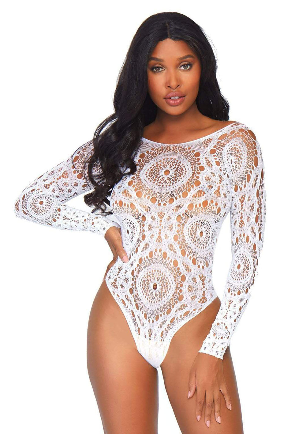 Leg Avenue Crochet Lace Long Sleeve Thong Back Bodysuit - White - M/L