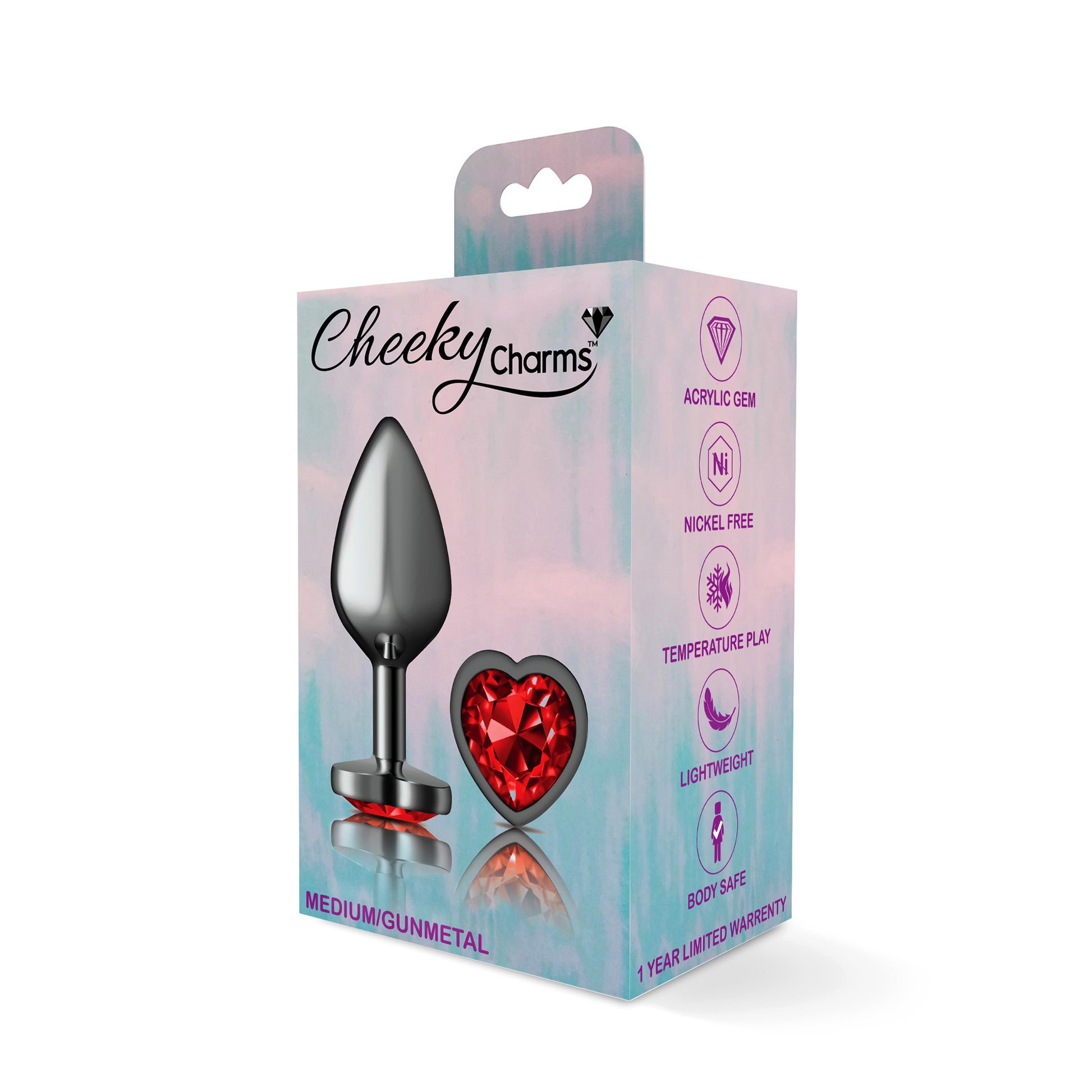 Cheeky Charms Deep Red Heart Gem Gunmetal Medium Anal Plug - Tapered Design