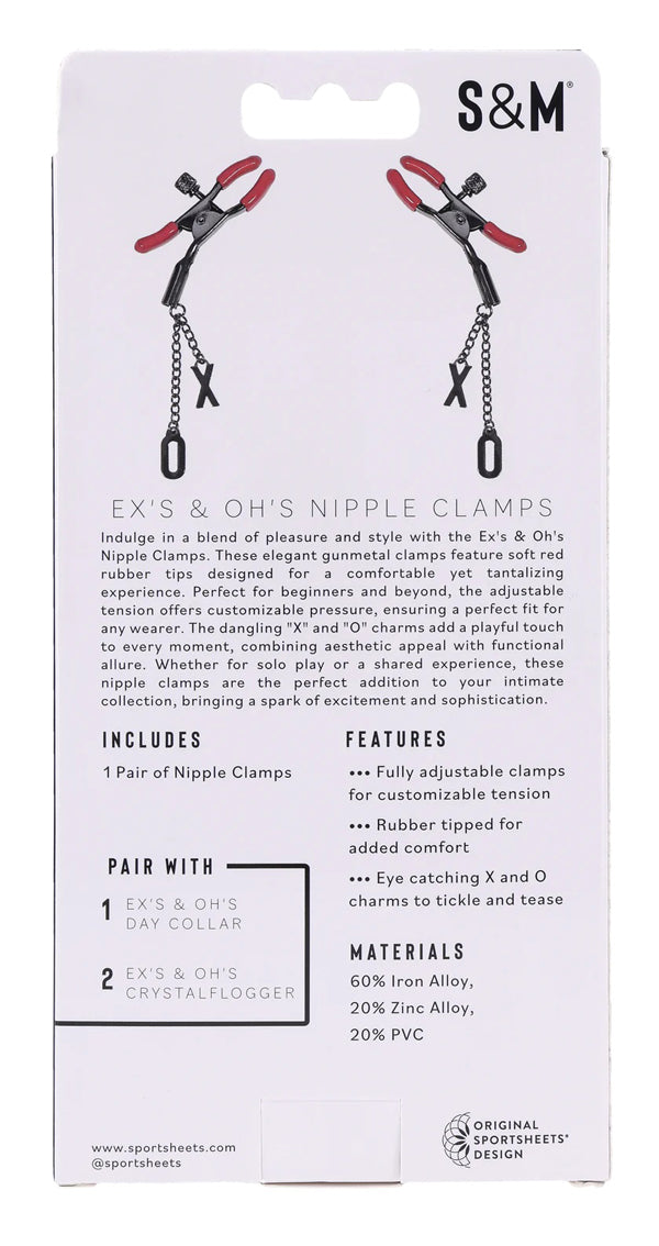 Sportsheets eX's and Oh's Nipple Clamps with Adjustable Tension - Gunmetal and Red