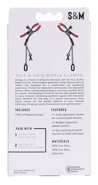 Sportsheets eX's and Oh's Nipple Clamps with Adjustable Tension - Gunmetal and Red