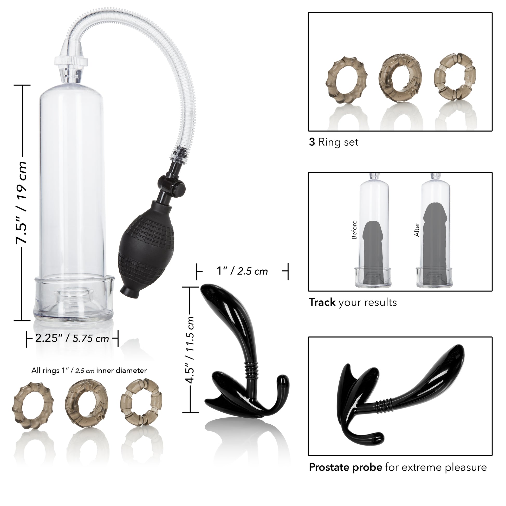 Dr. Joel Kaplan Essential Pump Kit – Clear – Prostate Probe and Cock Rings