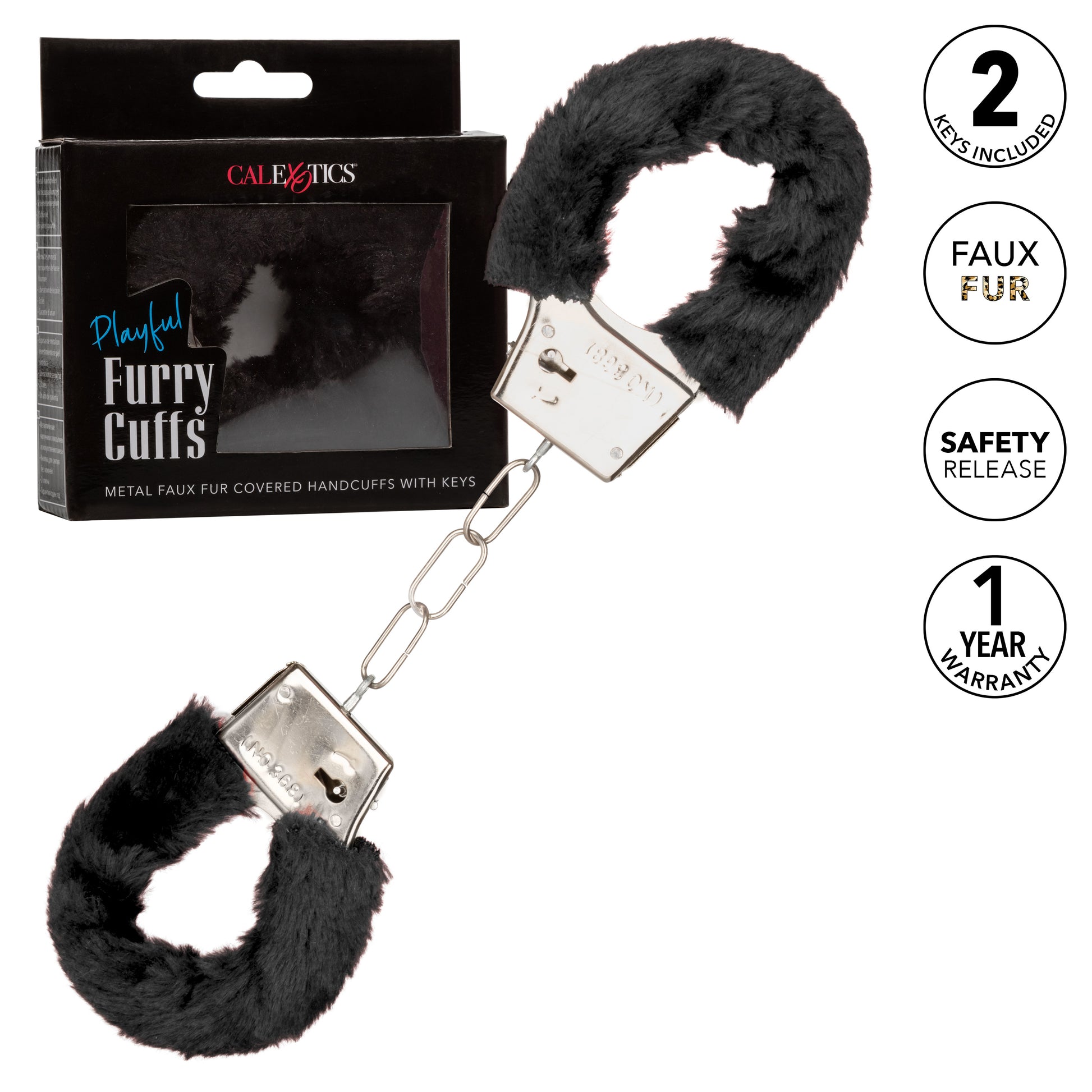 CalExotics Playful Furry Cuffs - Black Metal Handcuffs with Faux Fur