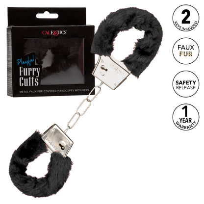CalExotics Playful Furry Cuffs - Black Metal Handcuffs with Faux Fur