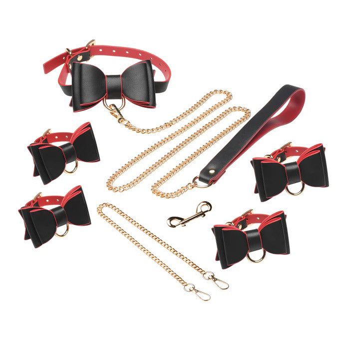 XR Brands Gothic Bondage Set - Adjustable Vegan Leather with Gold Chain Leash and Cuffs - Multi