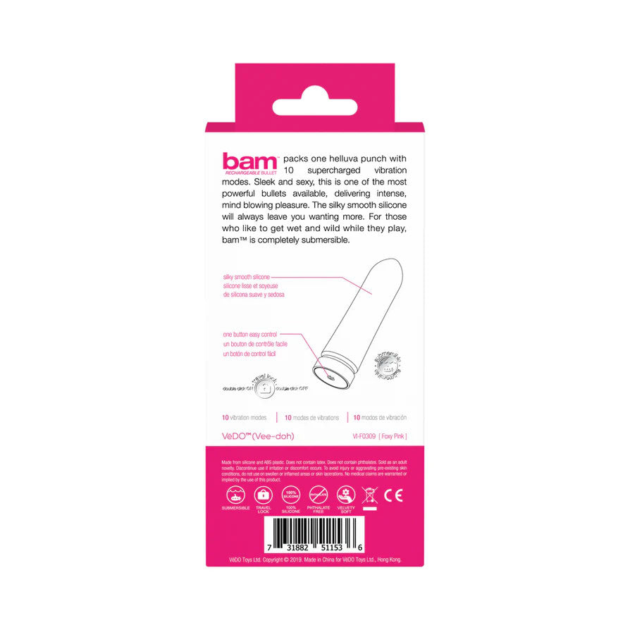 VeDO Bam Rechargeable Bullet - Multi-Function Vibrating Toy - Pink