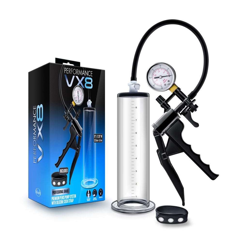 Blush VX8 Premium Penis Pump System with Silicone Cock Strap - Clear