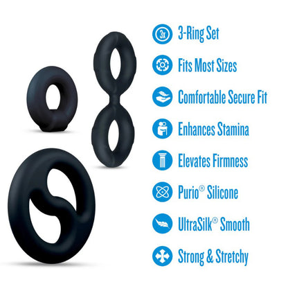 Blush Performance Plus Throttle 3-Piece Cock Ring and Ball Stretcher Set – Purio Platinum-Cured Liquid Silicone – Black