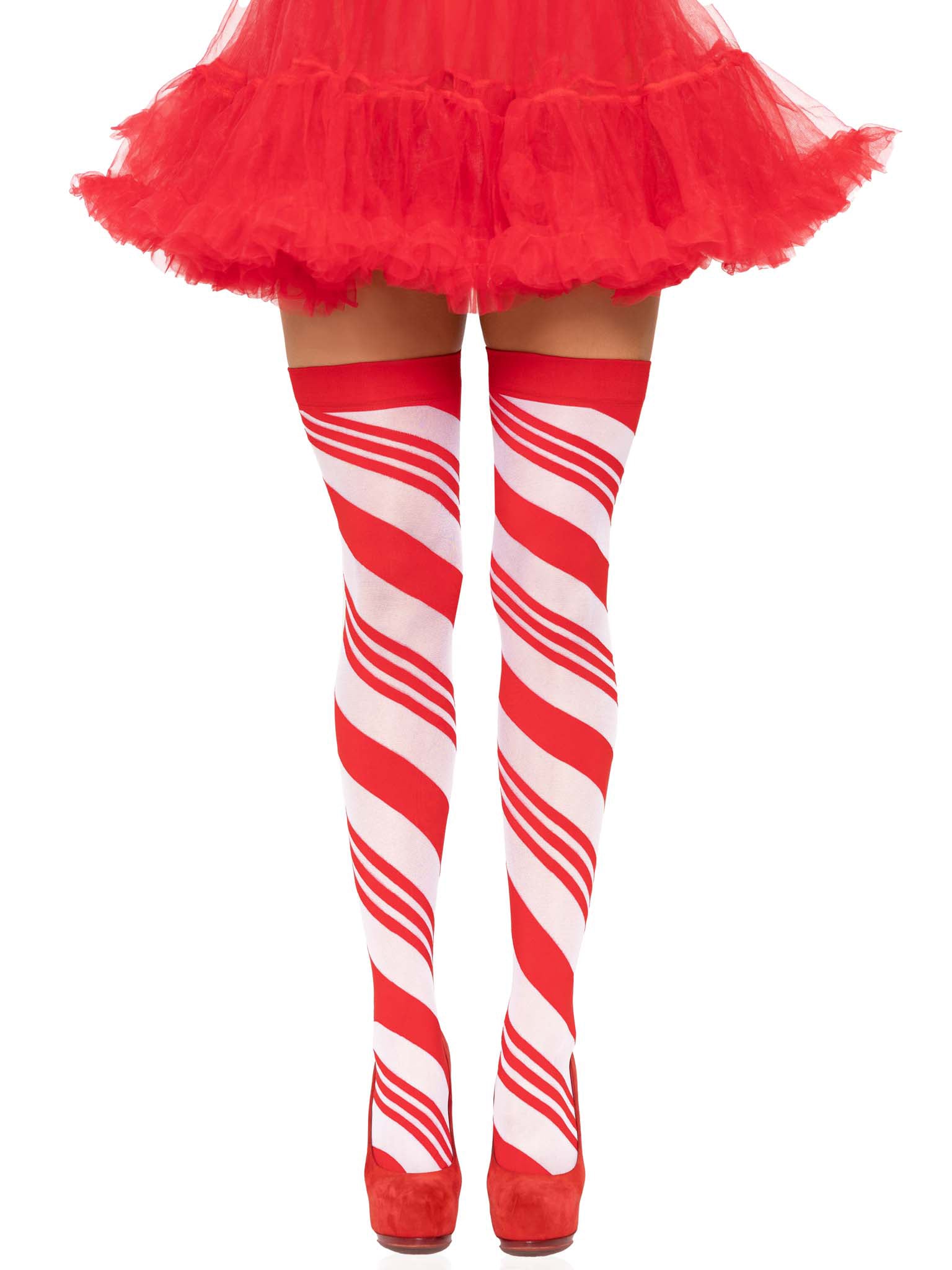 Leg Avenue Candy Cane Thigh High Stockings - Sheer White/Red