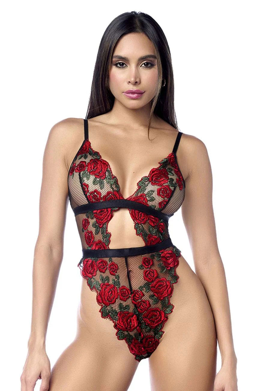 Mapale Teddy - Large/XL - Black/Red - Sheer Mesh with Rose Embroidery