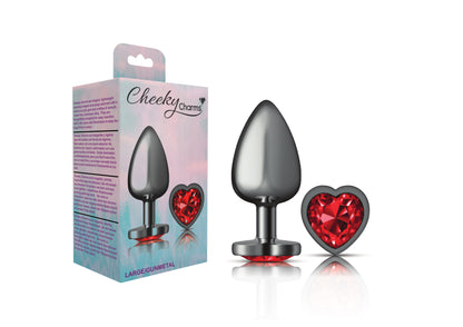 Cheeky Charms Large Gunmetal Metal Anal Plug with Deep Red Heart Gemstone