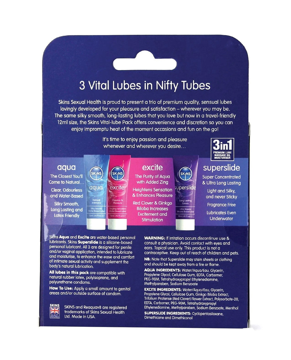 Skins Vital 12ml Sampler Tubes - Water-Based, Silicone-Based, and Tingle Lubes