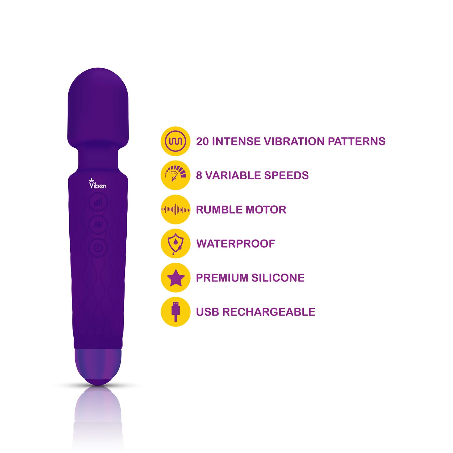 Viben Tempest Wand Massager - Powerful Personal Massager with 8 Speeds and 20 Vibration Patterns - Violet