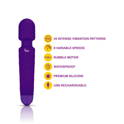 Viben Tempest Wand Massager - Powerful Personal Massager with 8 Speeds and 20 Vibration Patterns - Violet