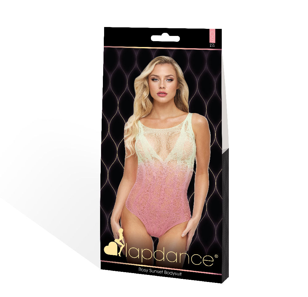 Lapdance Rosy Sunset Bodysuit - Sleeveless Lace and Fishnet Design - Pink Gradient