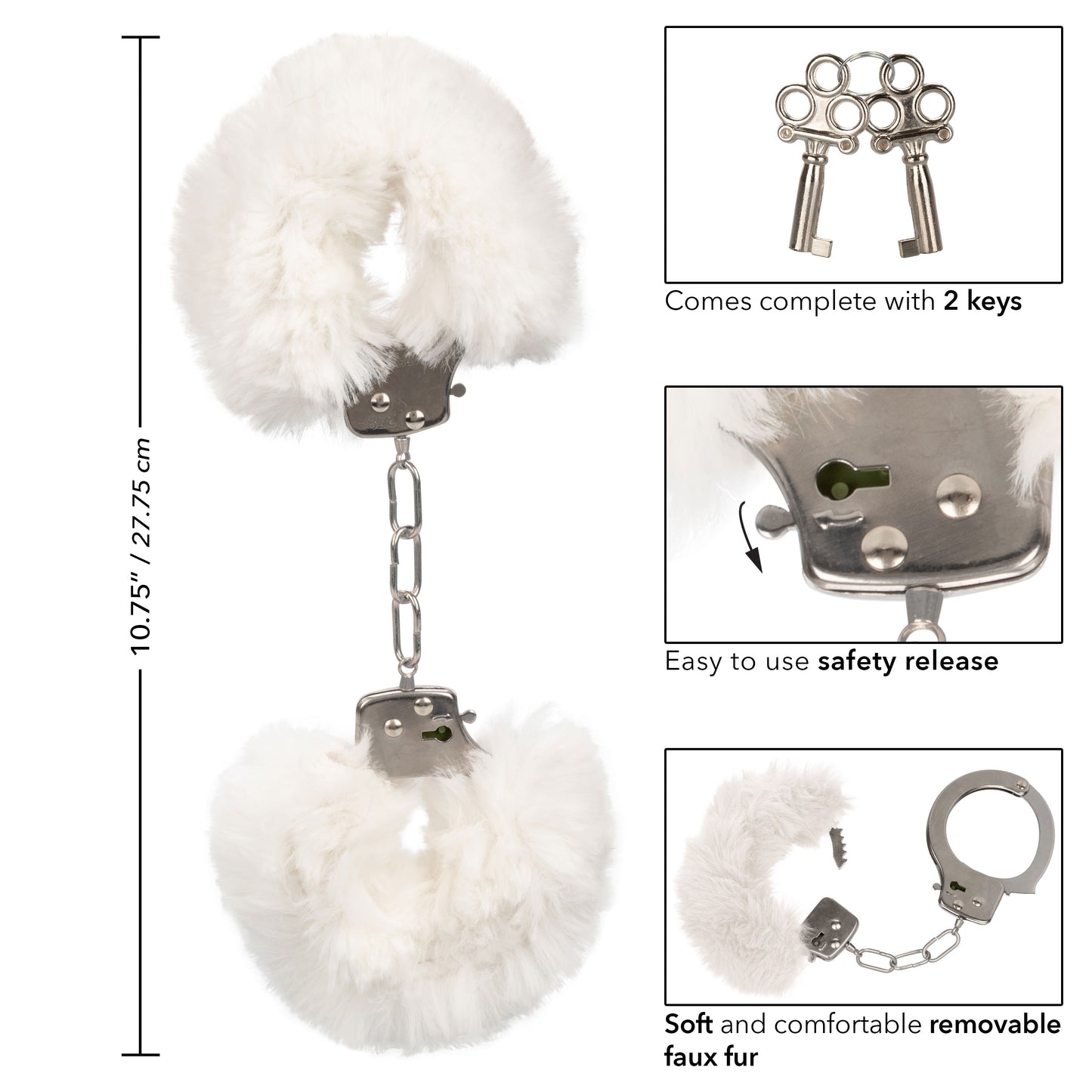 CalExotics Ultra Fluffy Furry Cuffs - Lockable Metal Handcuffs with Faux Fur - White