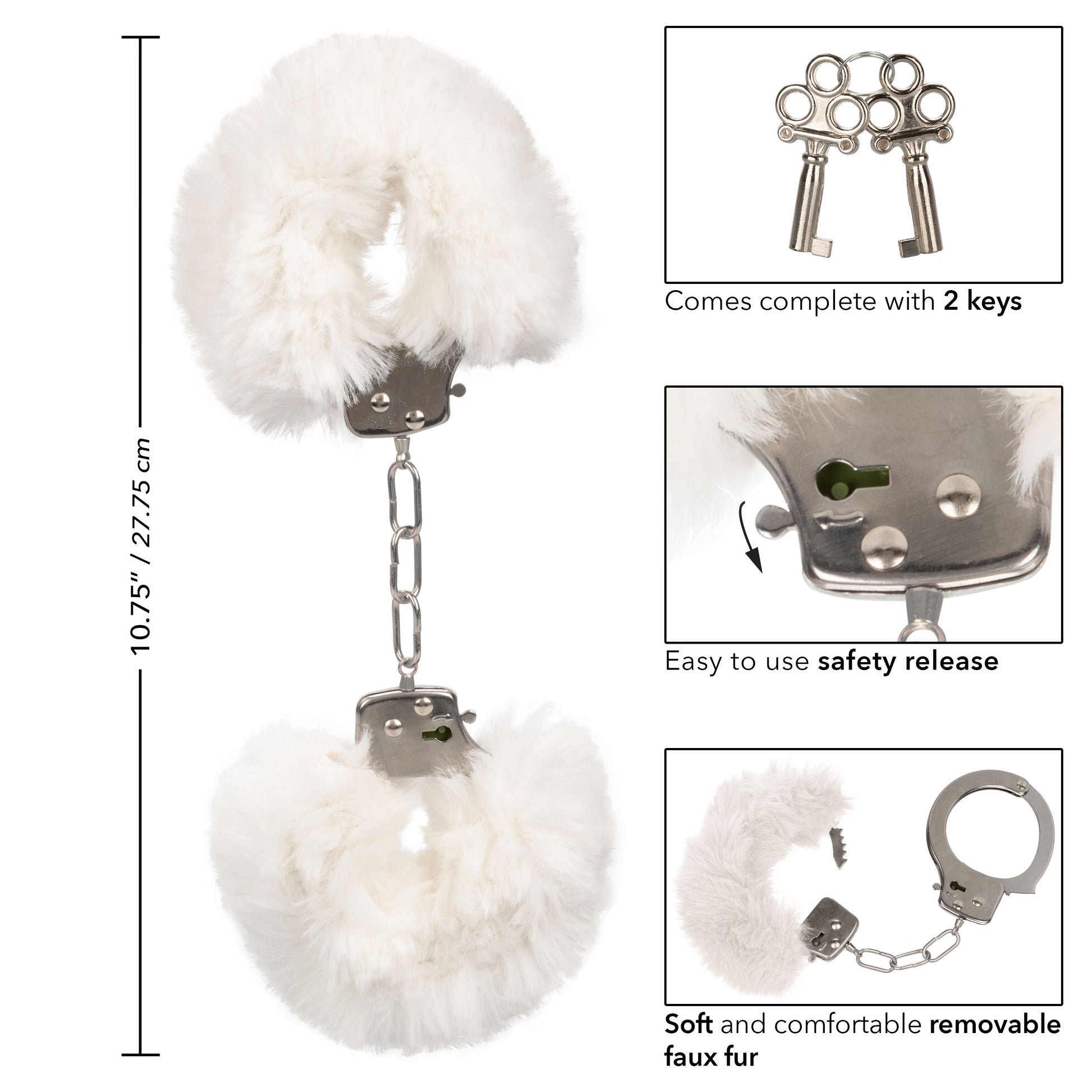 CalExotics Ultra Fluffy Furry Cuffs - Lockable Metal Handcuffs with Faux Fur - White