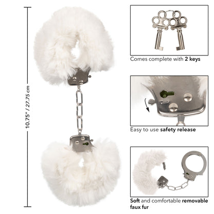 CalExotics Ultra Fluffy Furry Cuffs - Lockable Metal Handcuffs with Faux Fur - White