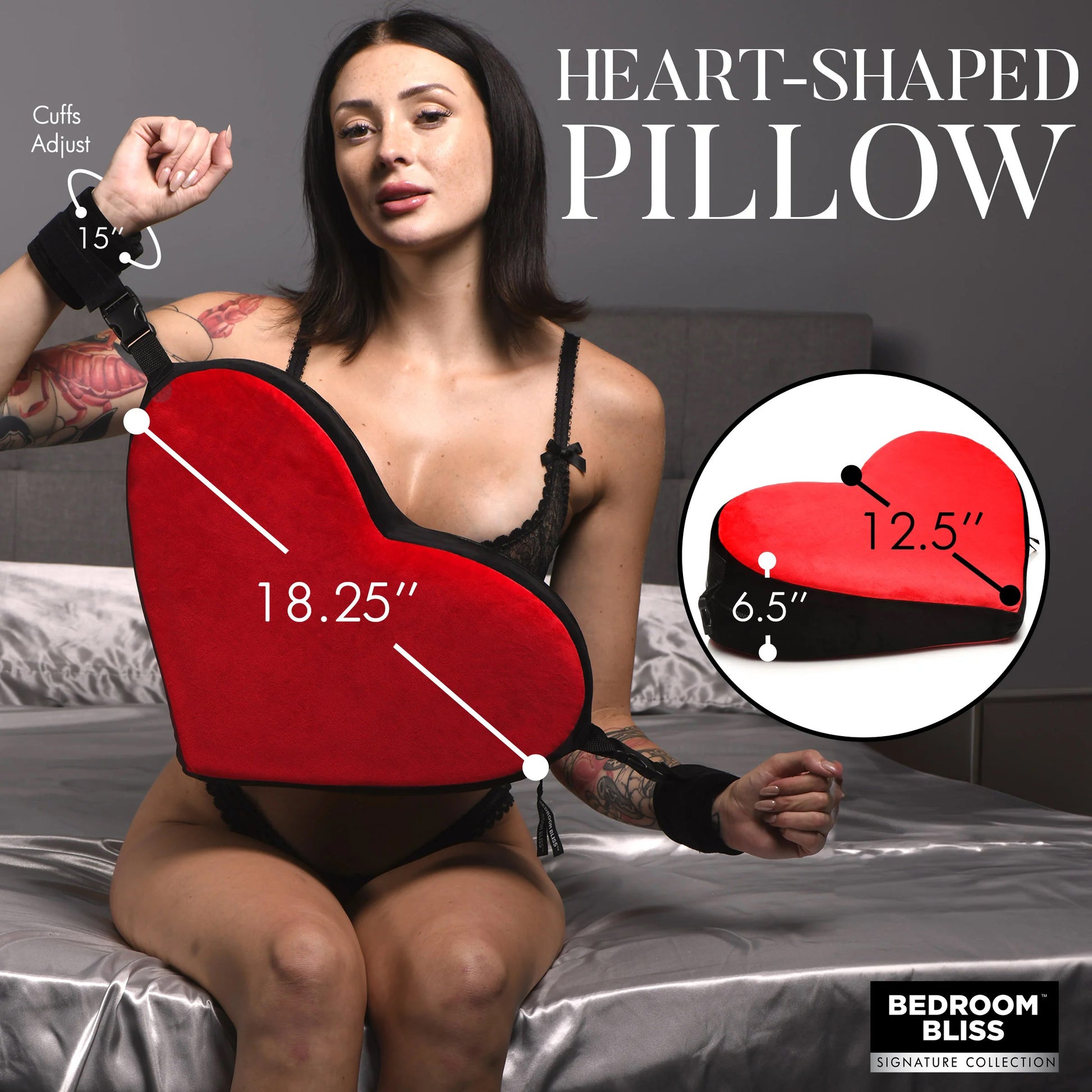 Bondage Love Pillow - Heart-Shaped Positioning Pillow with Clips - Black/Red