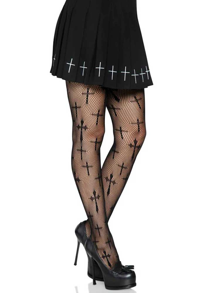 Leg Avenue Worship Me Plus Size Fishnet Tights - Cross Pattern - Black