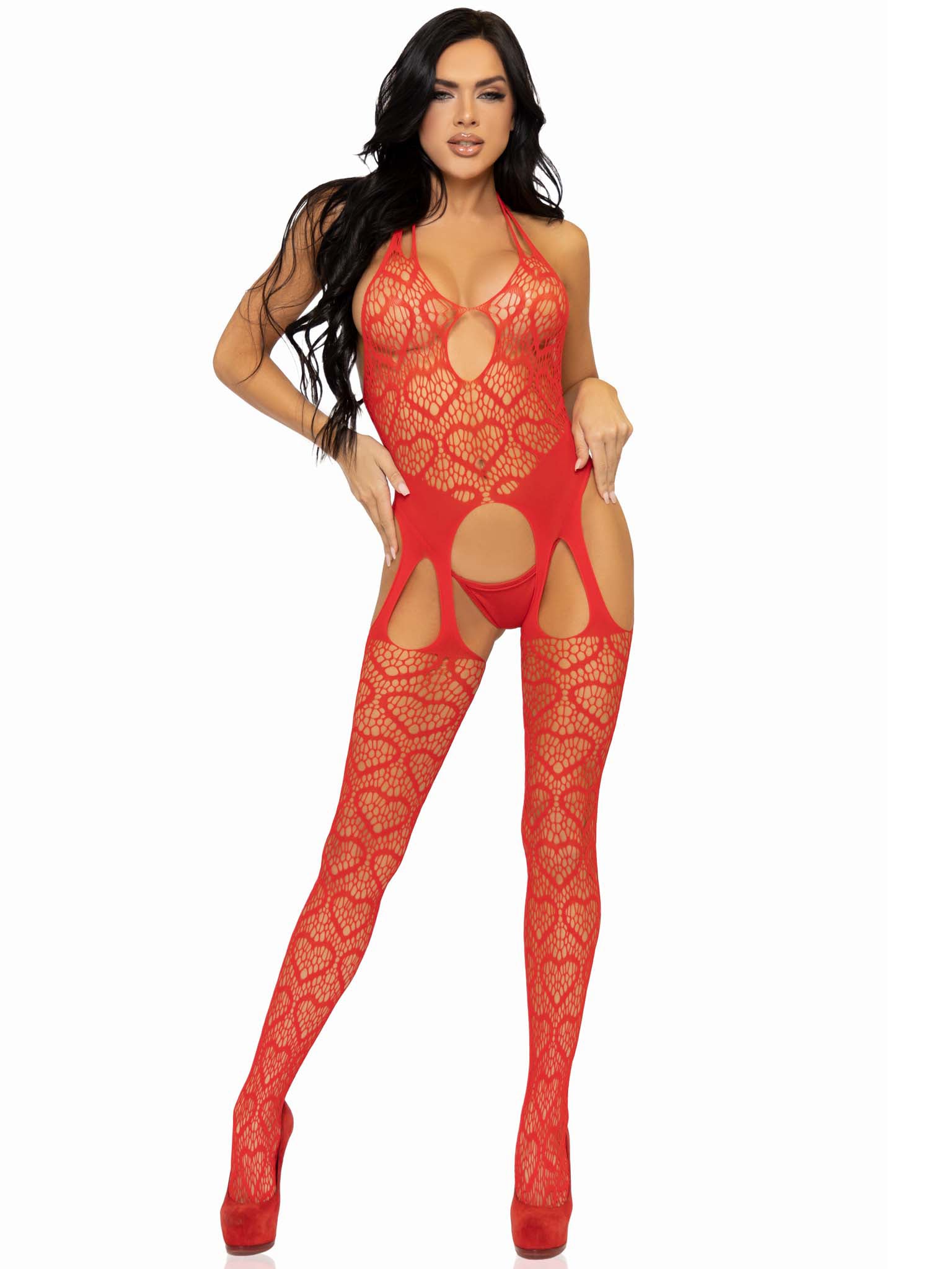 Leg Avenue Heart Net Suspender Bodystocking - Crotchless Design - Red